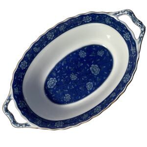 Blue Floral Porcelain Serving Bowl with Handles